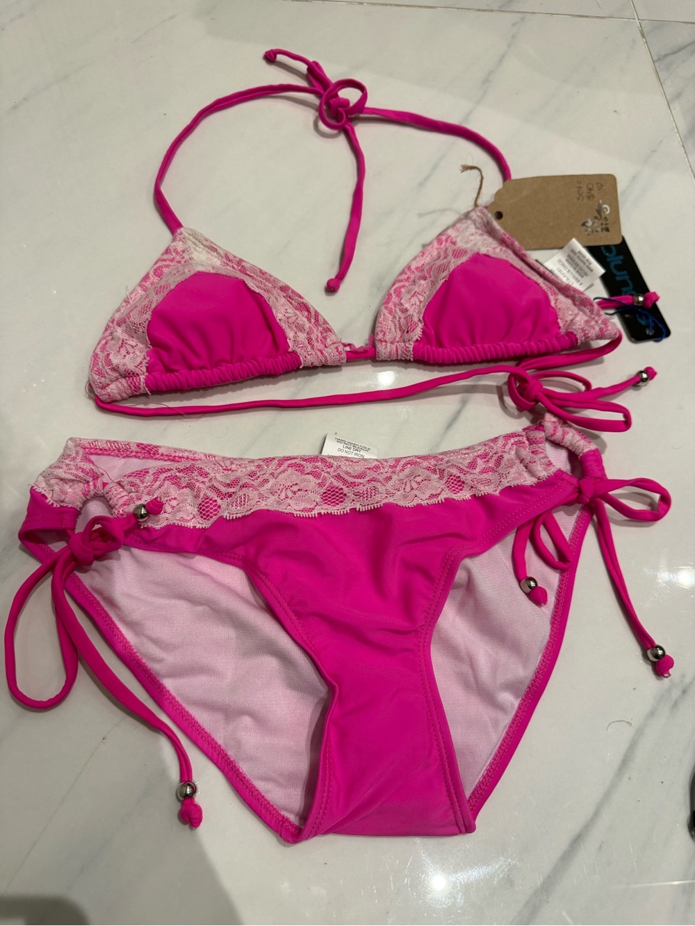 Bright Pink Lace-Trim Triangle Bikini Set - Women Swim